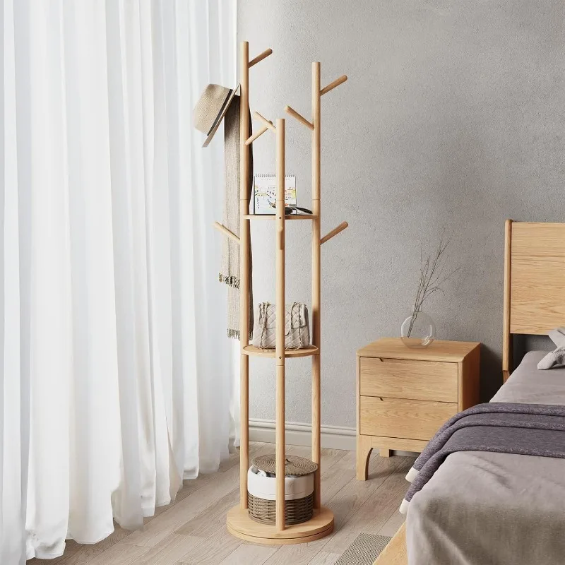 

Rotary Coat Rack, Wooden Coat Rack Freestanding with 3 Shelves and 9 Hooks, Coat Tree