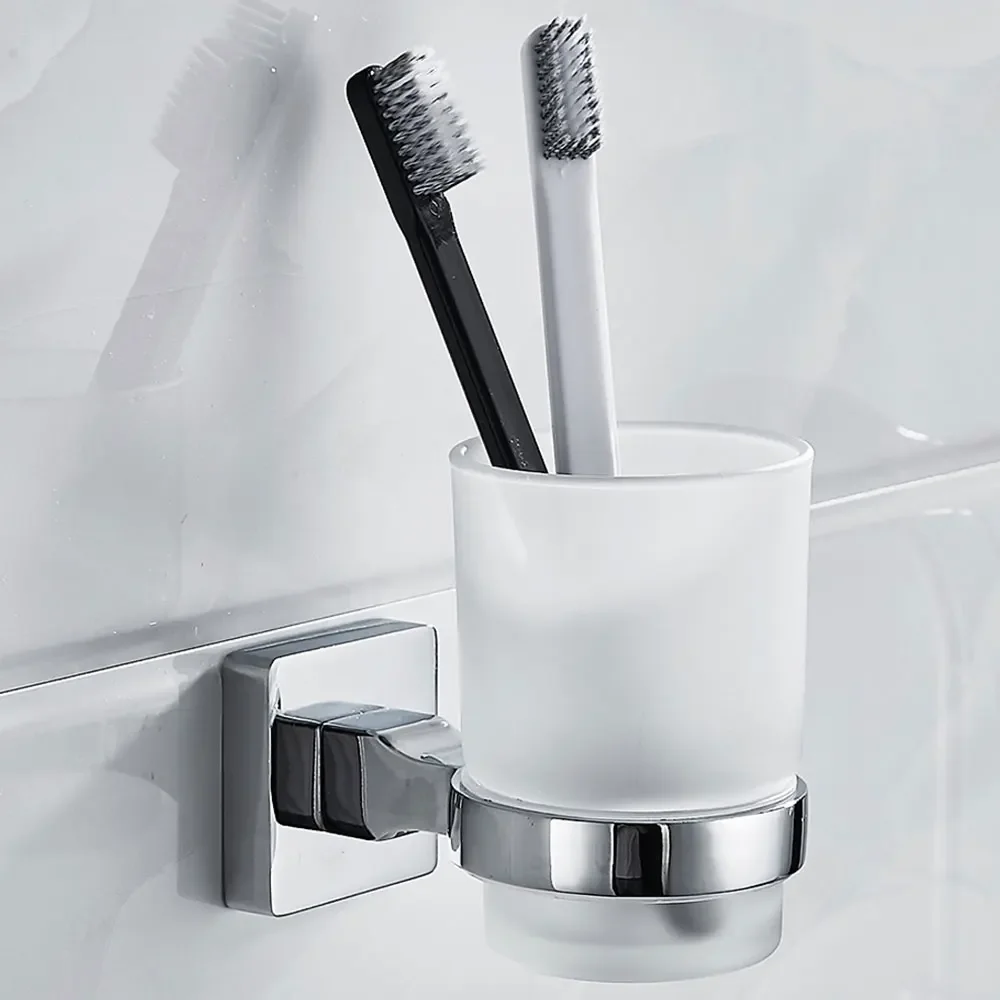 Bathroom Modern Wall-Mounted Toothbrush Holder Glass Cup Tumbler Frame Bathroom Storage Organizer Tooth Brush Cup Tools Washroom