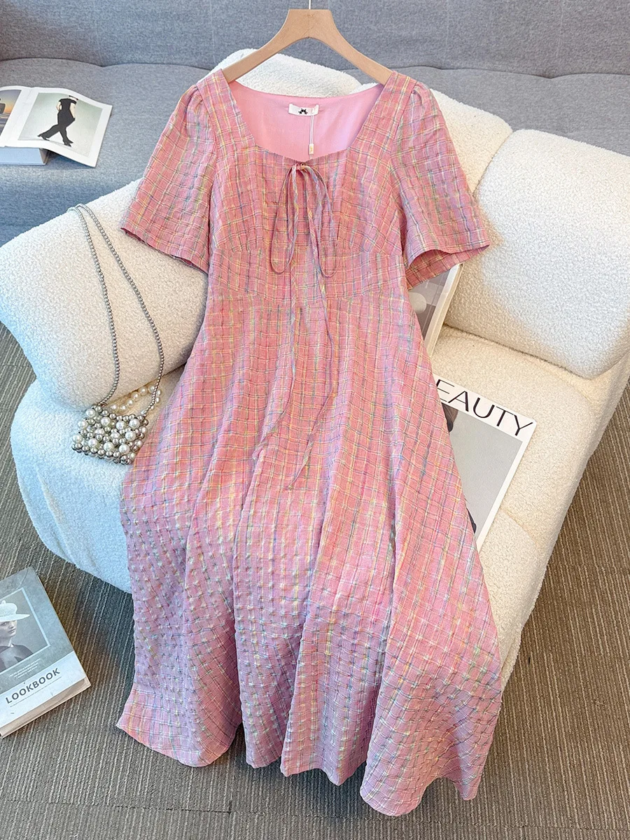

150Kg Plus Size Women's Bust 148 Summer Loose Pink Square Neck Plaid Lace Up Short Sleeved Dress 5XL 6XL 7XL 8XL 9XL