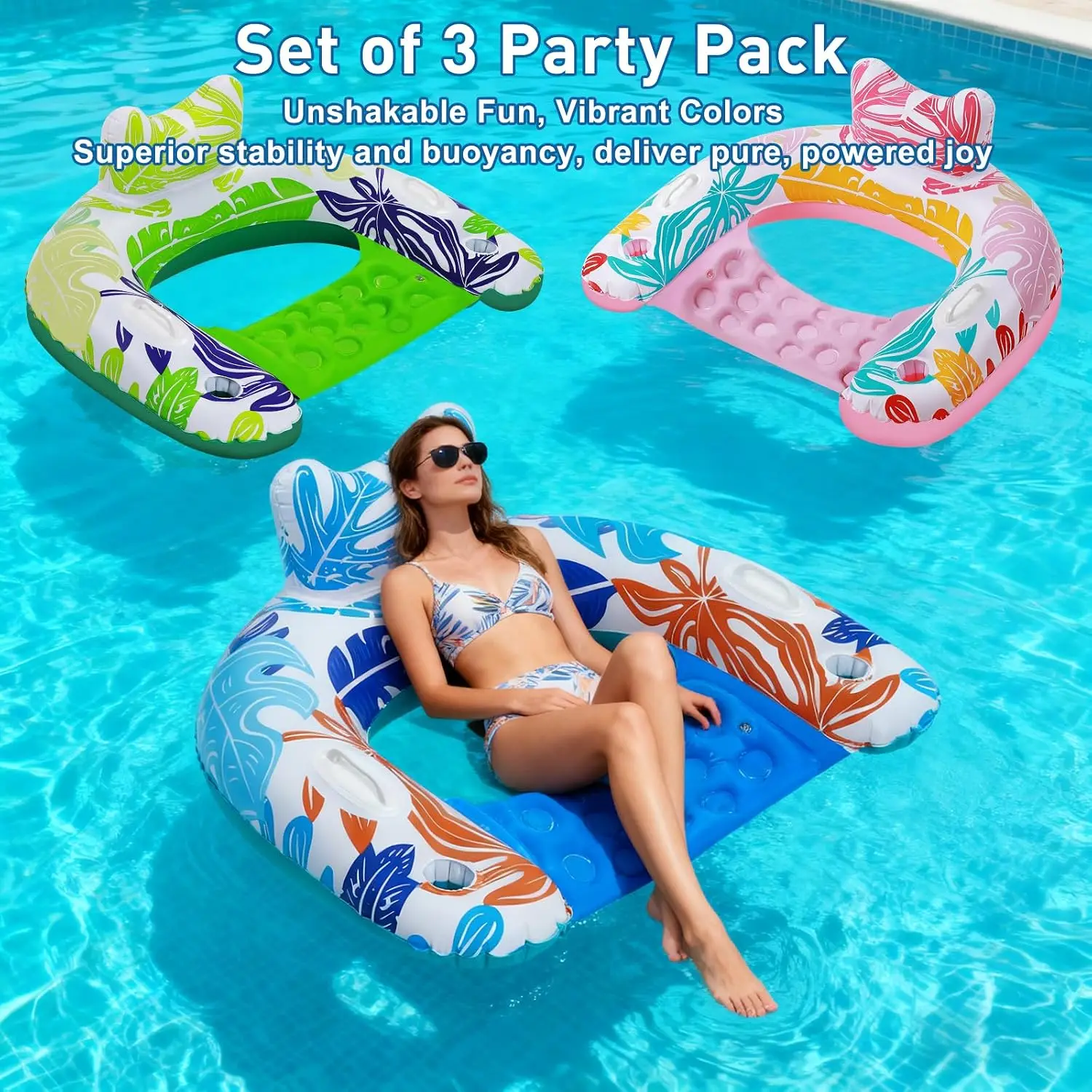 Pool Floats, 3P/4Pack Inflatable Pool Floats Adult Pool Chairs, U-Shaped Pool Float Lounger with Comfortable Headrest Cup Holders Handles, Portable Pool Floaties for Adults Kids Beach Pool Lake