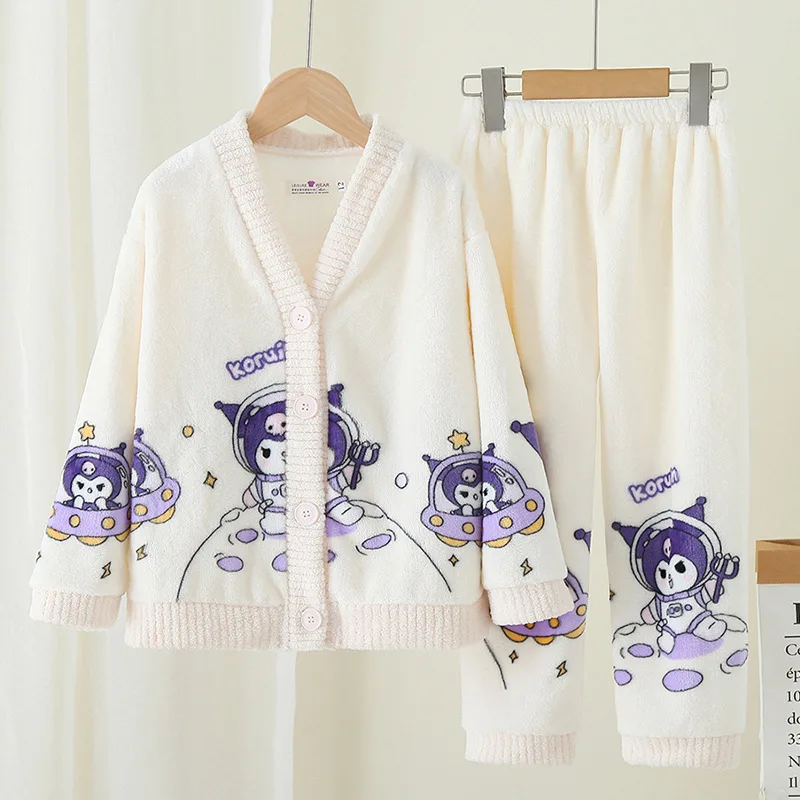 Kawaii Sanrio Kuromi Cinnamoroll Children Cardigan Pajamas Cute My Melody Winter Warm Coral Fleece Thicken Girl Home Pajamas Set