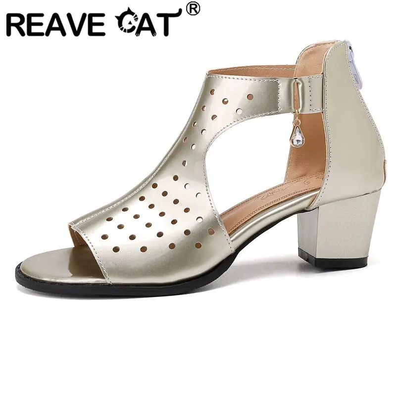 

REAVE CAT 2025 New Design Women Sandals Peep Toe Block Heels 5cm Zipper Large Size 45 46 47 48 Fashion Dating Breathable Shoes