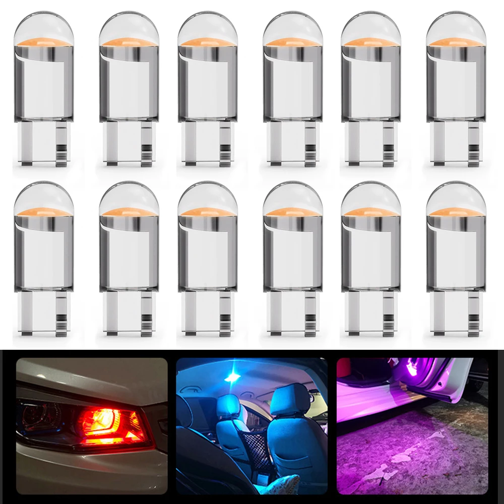 

2/10 шт. автомобильных светодиодных ламп W5W 194 T10 (белые, зеленые, синие, красные) для освещения салона, номерного знака, с COB-чипом в стеклянном корпусе