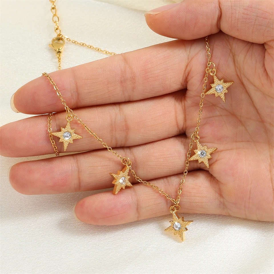 Fashion Five Eight-pointed Star Cubic Zirconia Stainless Steel Necklaces For Women Gold Color Necklace Party Daily Jewelry