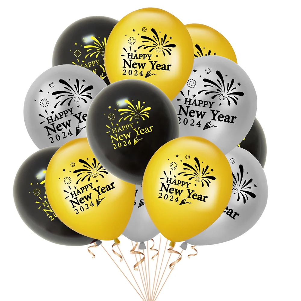 

15 Pcs New Year's Eve Party Supplies 2024 Silvery Black Gold Happy New Year Latex Balloons NYE Countdown Celebration Eve Decor