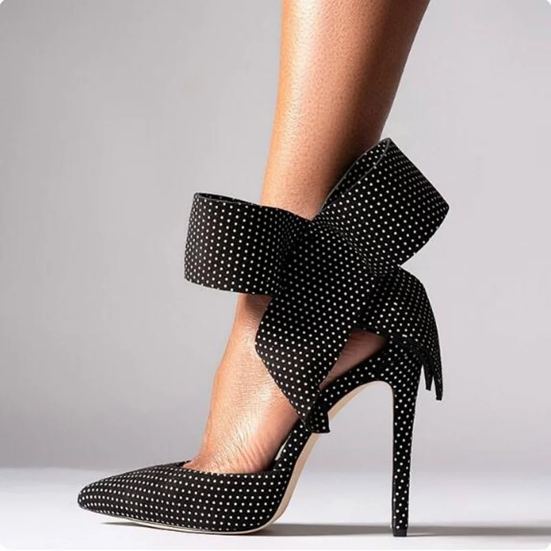 

Black White Polka Dots Pumps for Women Pointed Toe Bow Ankle Strap Adjustable Cover Heels Female celebrating Shoes