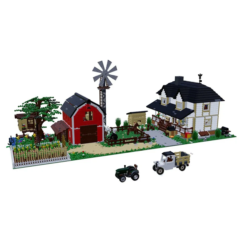 8192ピース MOC ビッグファーム リビングハウス 納屋 風車 ツリートランスポート 農村風景 DIY モデル ビルディングブロック 誕生日プレゼント おもちゃ
