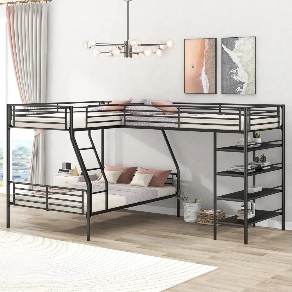 

Bunk Beds Twin Over Full L-Shape Bunk Bed with Storage Shelves 3 Beds Bunked Metal Frame Black Corner Loft Bed for Three Kids