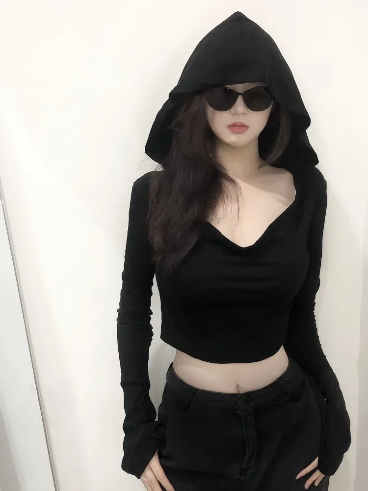 Tシャツ女性春フード付きゴシックベーシック固体ストリートクロップドホットスウィート服ファッション長袖シンプルな韓国語バージョン