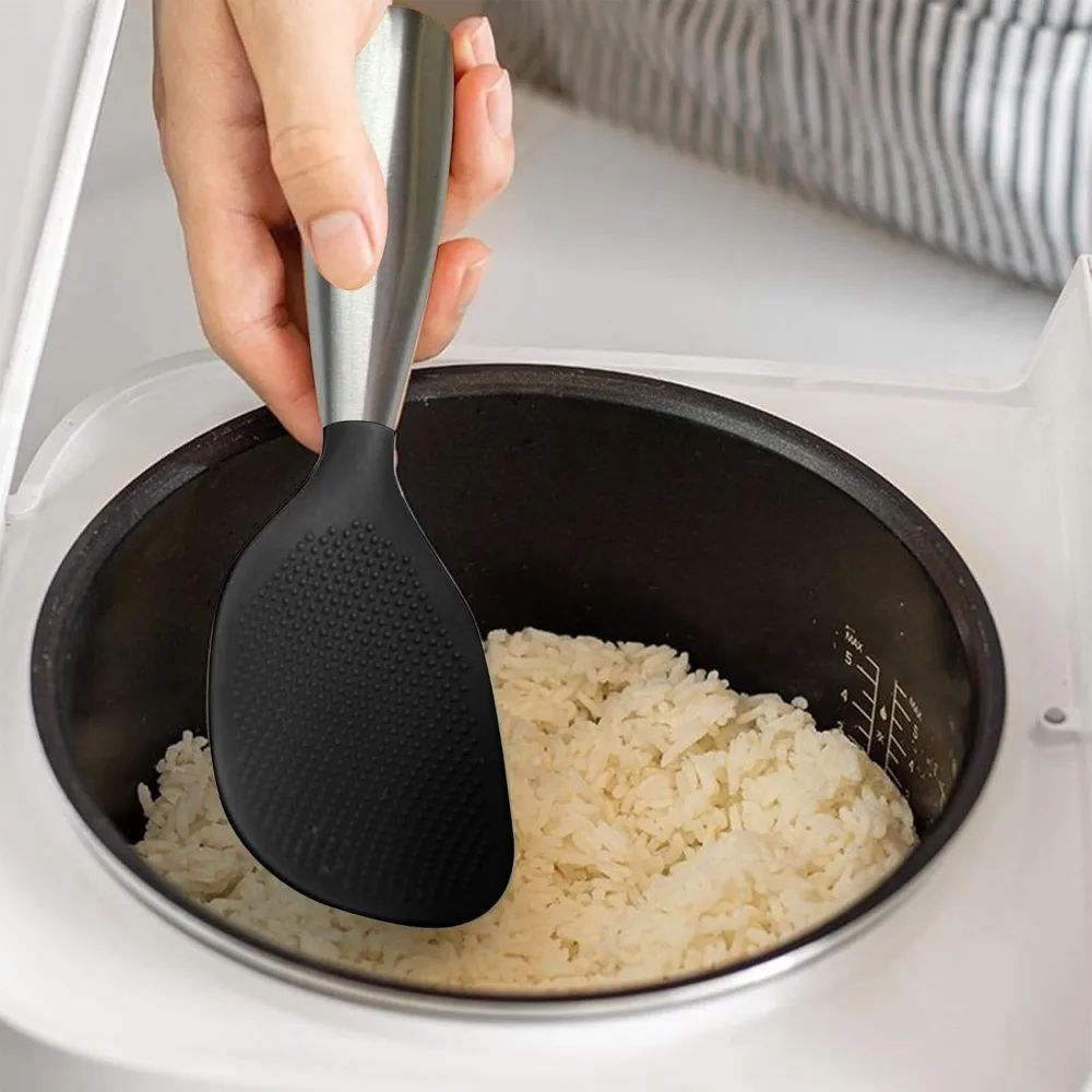 

D9 Stainless Steel Handle Silicone BBQ Spoon Food Grade Non Stick Non Slip Rice Spoon High Temperature Resistant Kitchen Utensil