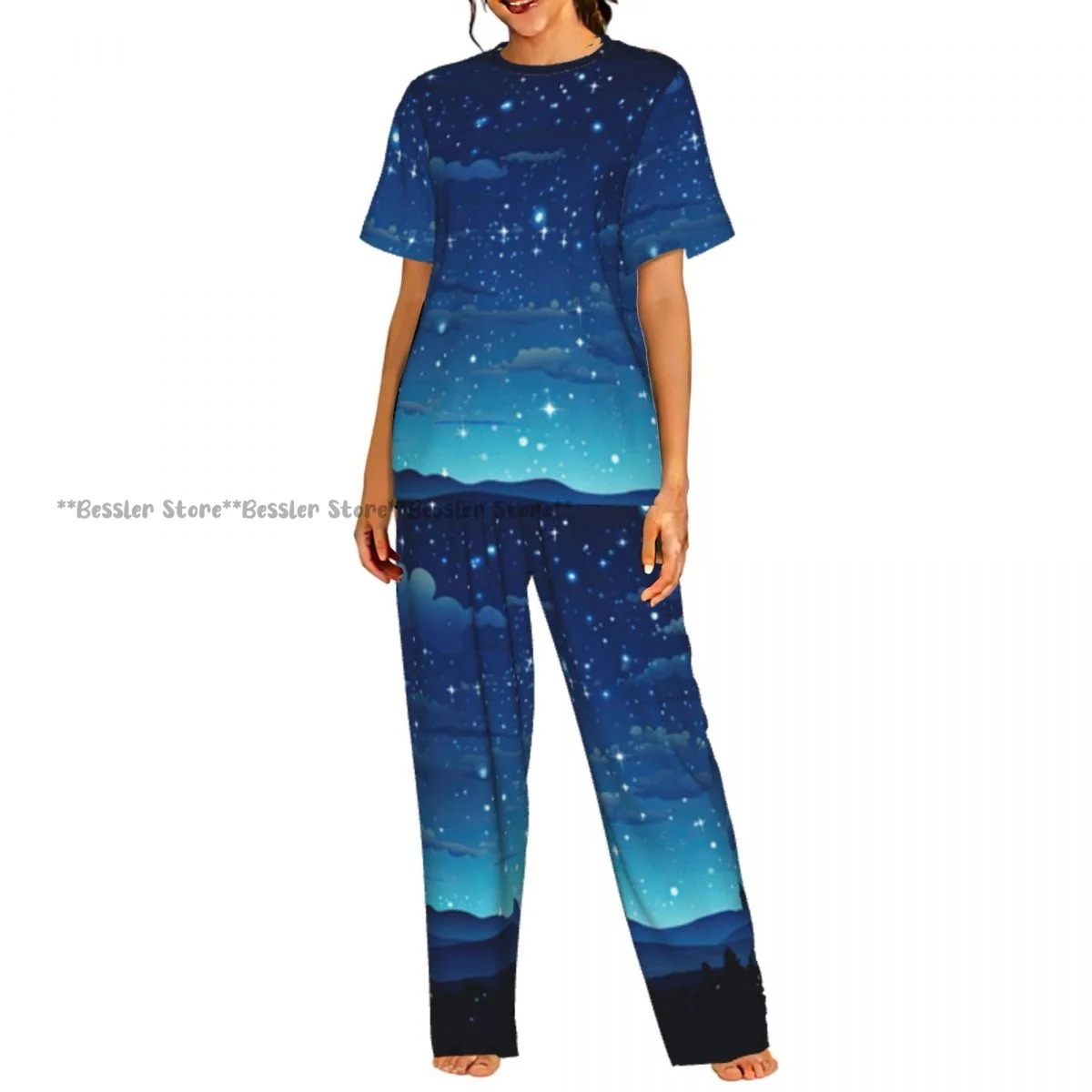 

Women Pajama Sets Lounge Sleepwear Night Sky With-stars And Clouds Short Sleeve Nightwear