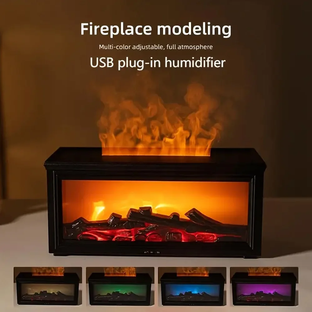 Fireplace Flame Effect Humidifier 300ml Multi Function 7 Color LED Lights Essential Oil Diffuser With Remote Control & 3 Oils