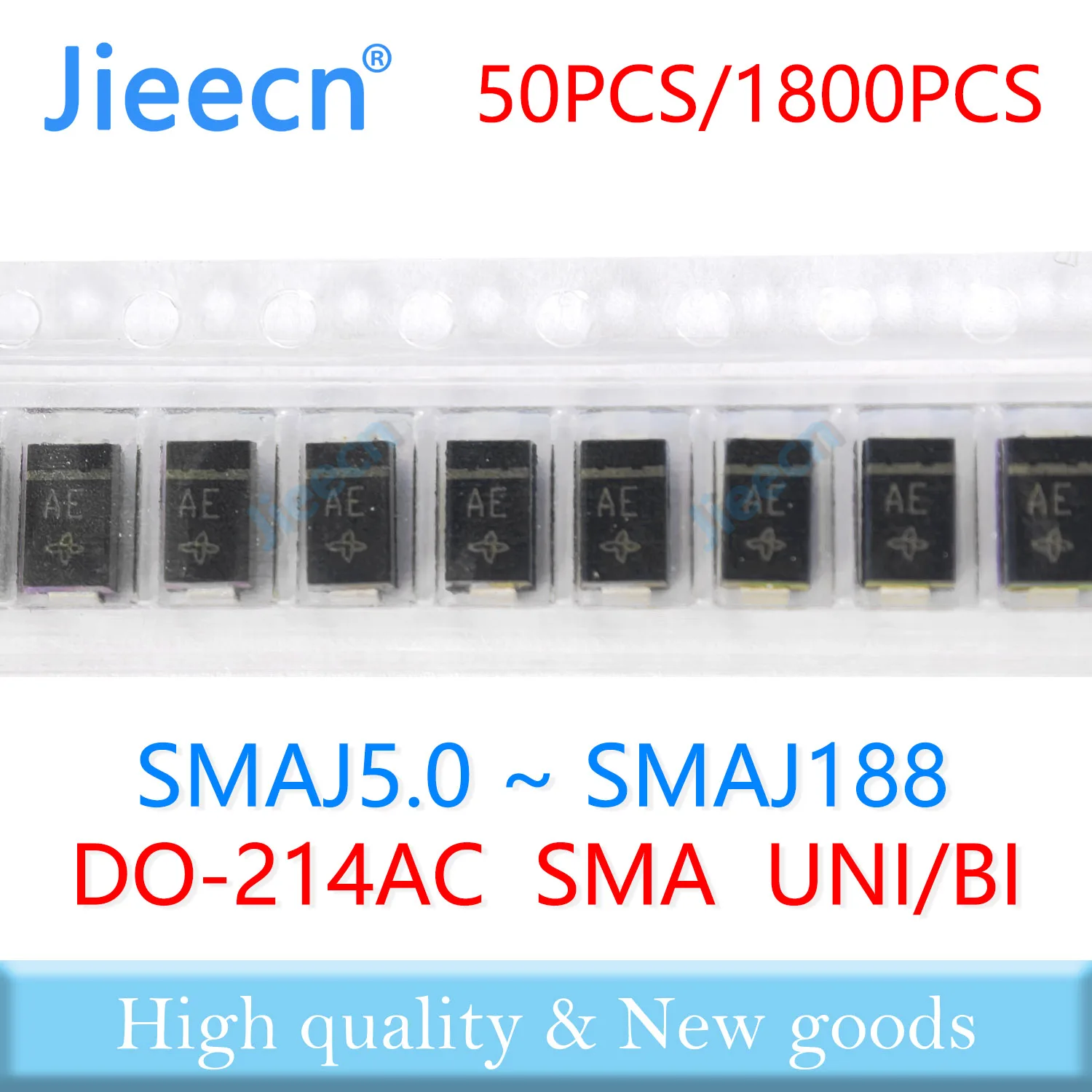 50/1800PCS SMAJ5.0 - SMAJ188 10 11 12 13 14 15 16 17 18 20 22 24 26 28 30 33 36 40 43 45 48 51 54 TVS A CA UNI BI SMAJ Chinese