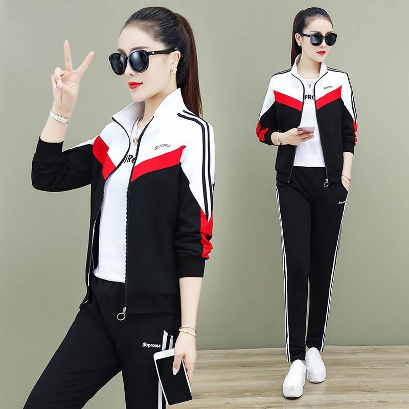 Stripe Sports Suit Women\'s Spring And Autumn 2023 Loose Coat Three Piece Suit Women\'s Fashion Running Casual Wear