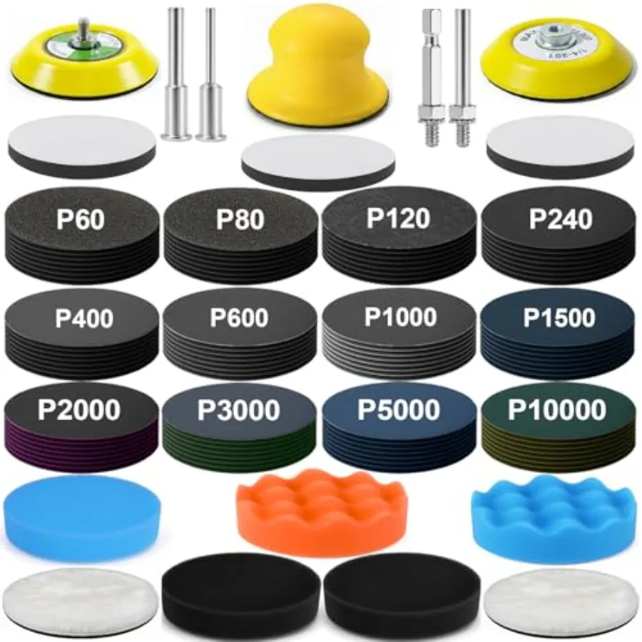 137Pcs 3 Inch Sanding Disc Polishing Kit, Headlight Restoration Kit, 60-10000 Grit Wet Dry Hook and Loop Sandpapers, Wool Spong