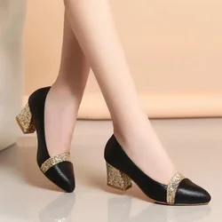 Women's Mid-heel Thick Heel Pointed Shallow Mouth Single Shoes Casual Slip on High Heel Shoes Ladies Classic Golden Party Pumps