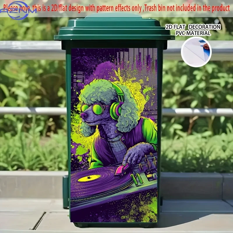 of 2D/Flat, Stylish DJ Poodle Design Self-Adhesive Trash Can Stickers, Measuring 14.57×32.28 Inches, Featuring a Poodle Wearin