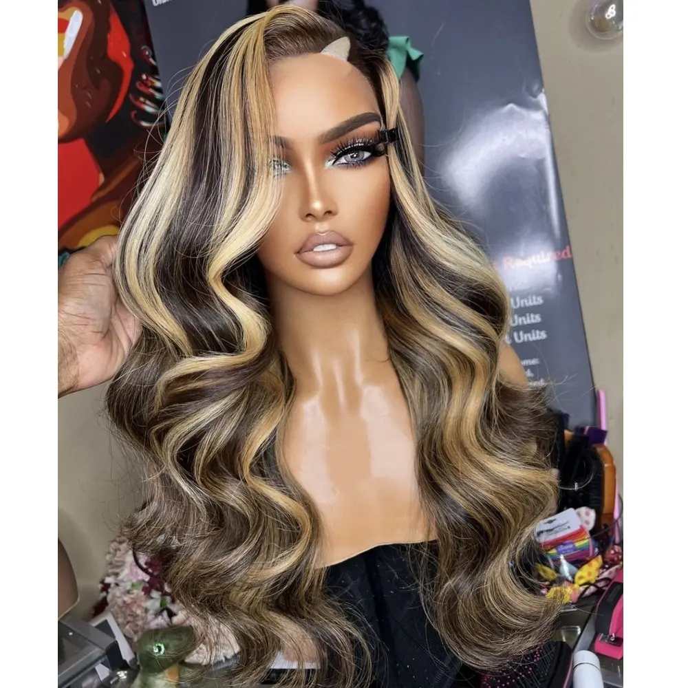 

100% Brazilian Human Hair Wig U Part Wig Honey Blonde Hightlight Body Wave Baby Hair V Part Wig Human Hair Preplucked Glueless