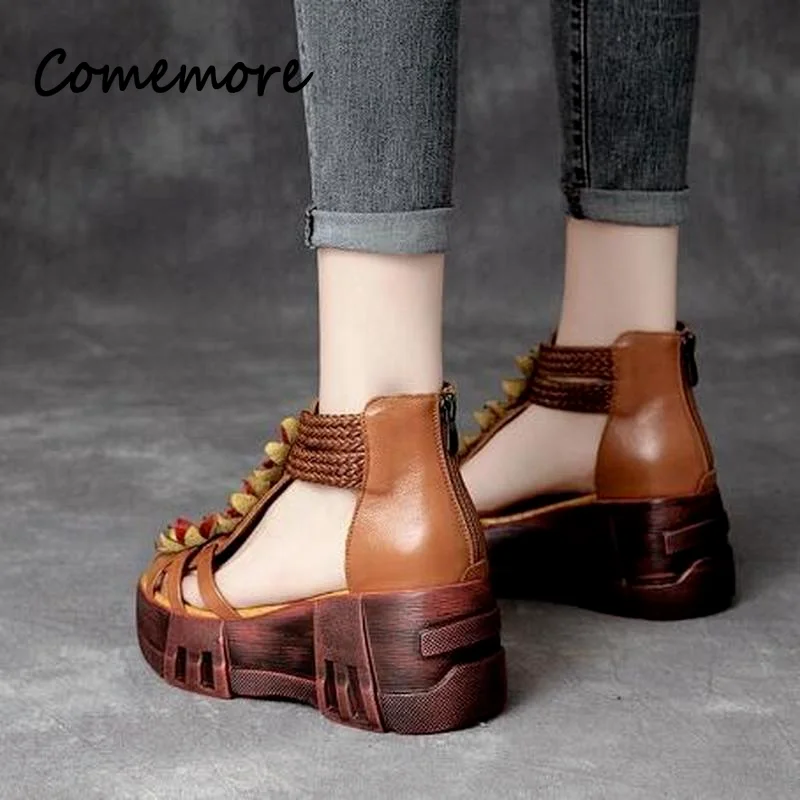 Comemore Retro 2023 New Genuine PU Leather Summer Platform Wedges Shoes Sandal Women Leather Gladiator Women High-heeled Sandals