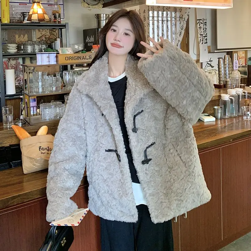 Elegant Lambswool Coat Female Winter Thick Warm Imitation Fur Coat Cold Korean Version of Loose Collar