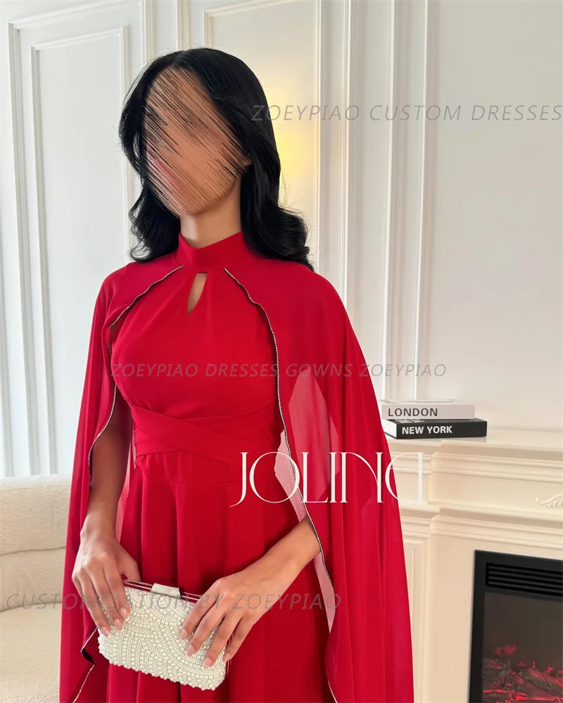 Capa comprida de pescoço alto feminino A Line Curto Vermelho Cetim Vestidos de Baile, Formal Árabe Personalizado Vestido de Festa, Elegante, 2022