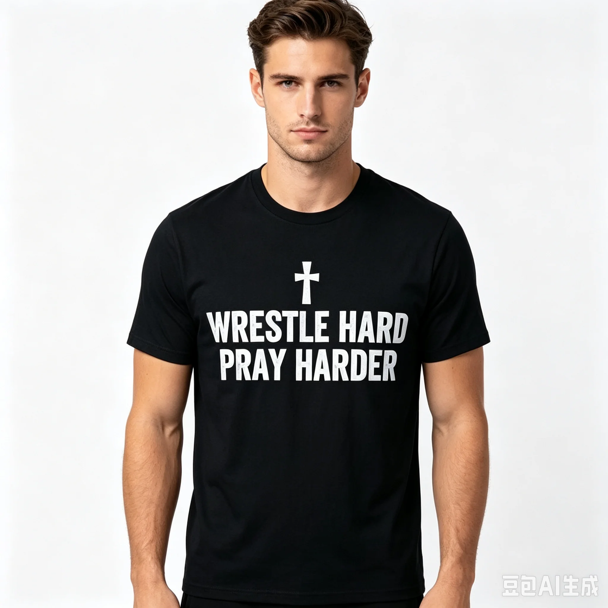 Cotton 100% Men Wrestle Hard Pray Harder Graphic T‑Shirt Cross Faith Wrestling Print Short Sleeve Casual Tee Tops