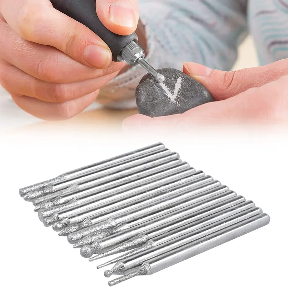 STONEGO 30Pcs/Set 3mm Shank Diamond Grinding Burr Needle Point Engraving Carving Polishing Glass Jade Stone Drill Bit