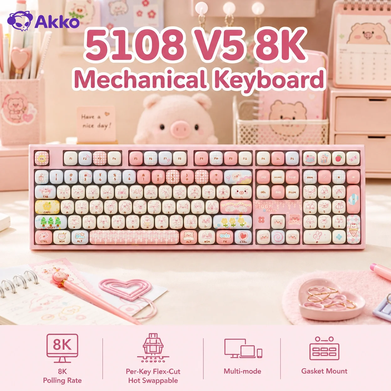 Akko 5108 V5 Wireless Keyboard Full Size 8K Per-Key Flex-Cut Hot-swappable RGB Type-C/2.4G&BT Gaming Mechanical Keyboard Gasket