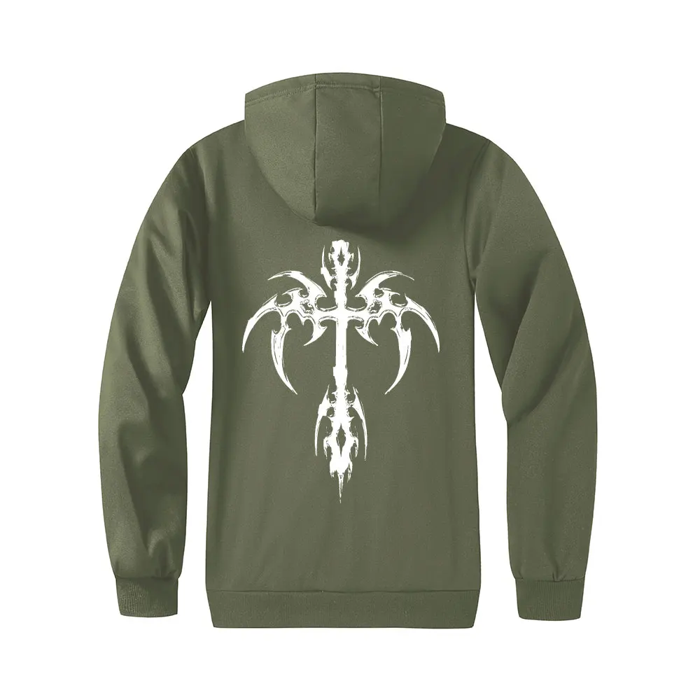 سترة سميكة للرجال بسحاب مبطن بالصوف سترات بغطاء للرأس مطبوعة بأجنحة متقاطعة مقاومة للرياح للخريف والشتاء سترة بقلنسوة #5