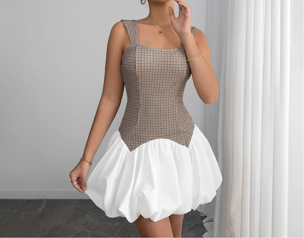 

2026 Autumn New Color Matching Thousand Bird Grid Elastic Slim Short Strap Women's Dress