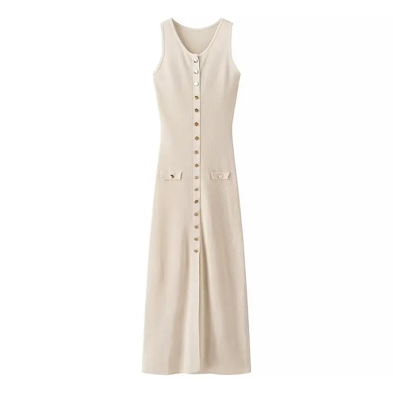 Tangada 2024 Women Buttons Knitted Tank Dress Sleeveless Female Midi Dresses JA021