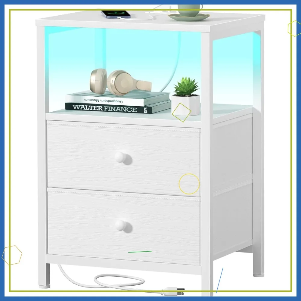 

Белая тумбочка с зарядной станцией, светодиодной подсветкой и тканевыми ящиками, современная прикроватная тумбочка с USB-портами
