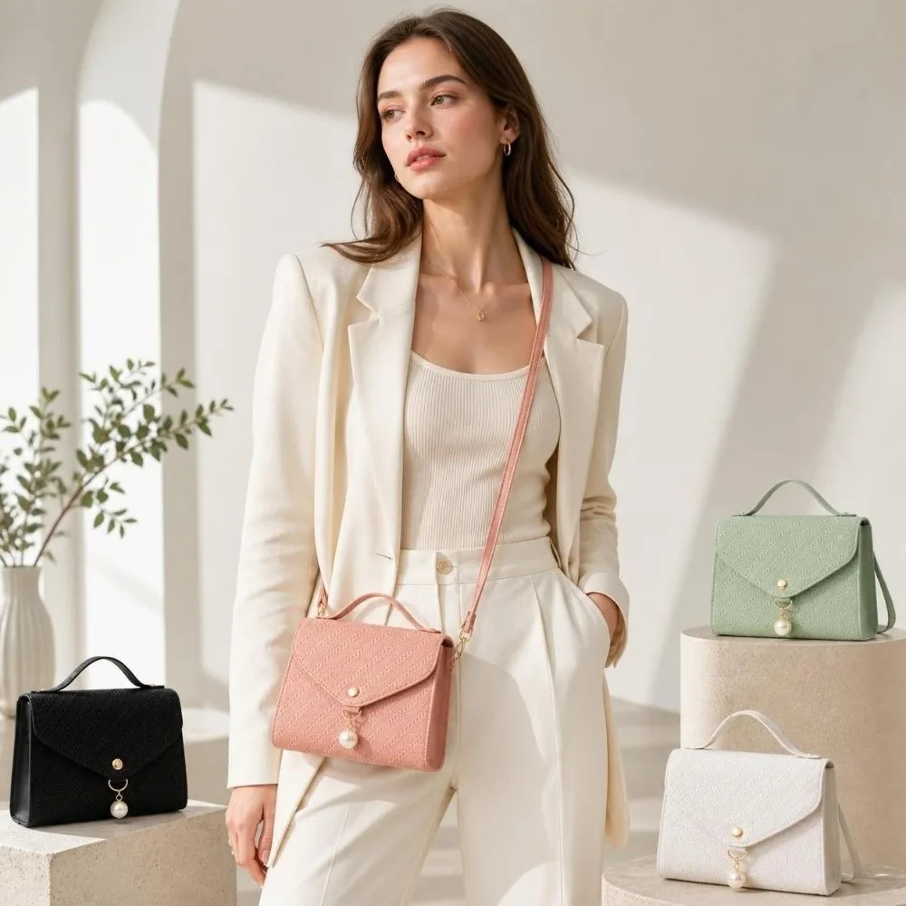 Fashionable PU Leather Crossbody Bag Adjustable Shoulder Strap Small Square Bag Pearl Bead Shoulder Bag Daily Use