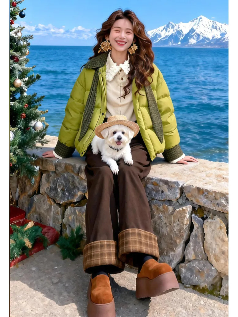 

Women's Fleece Lined Thickened down Cotton Jacket Wide Leg Pants Two Piece Set Casual Sporty Chic Winter Fashion Ensemble