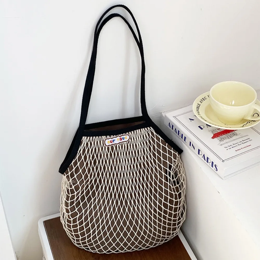 

Leisure Summer Woven Shoulder Bag Large Capacity Fashion Nylon Mesh Tote Bag Simple Handbag Beach Handbag Vacation