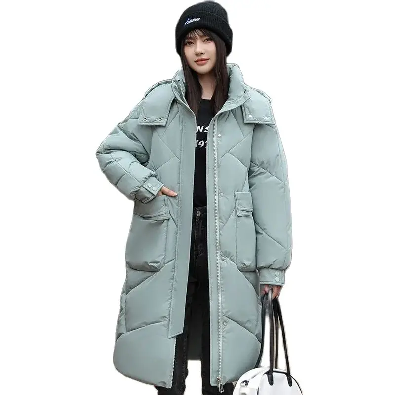 2023 Women Autumn Winter Long Plaid Parkas Loose Thicken Warm Hooded Coats Casual Zip Up Windproof Black White Down Jackets