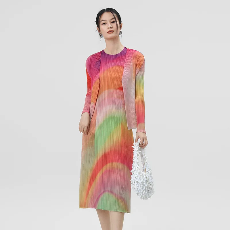 

Women's Rainbow Pleated Two-Piece Set Round Neck Long Sleeve Cardigan Lightweight Coat Sleeveless Dress 2026 Summer New