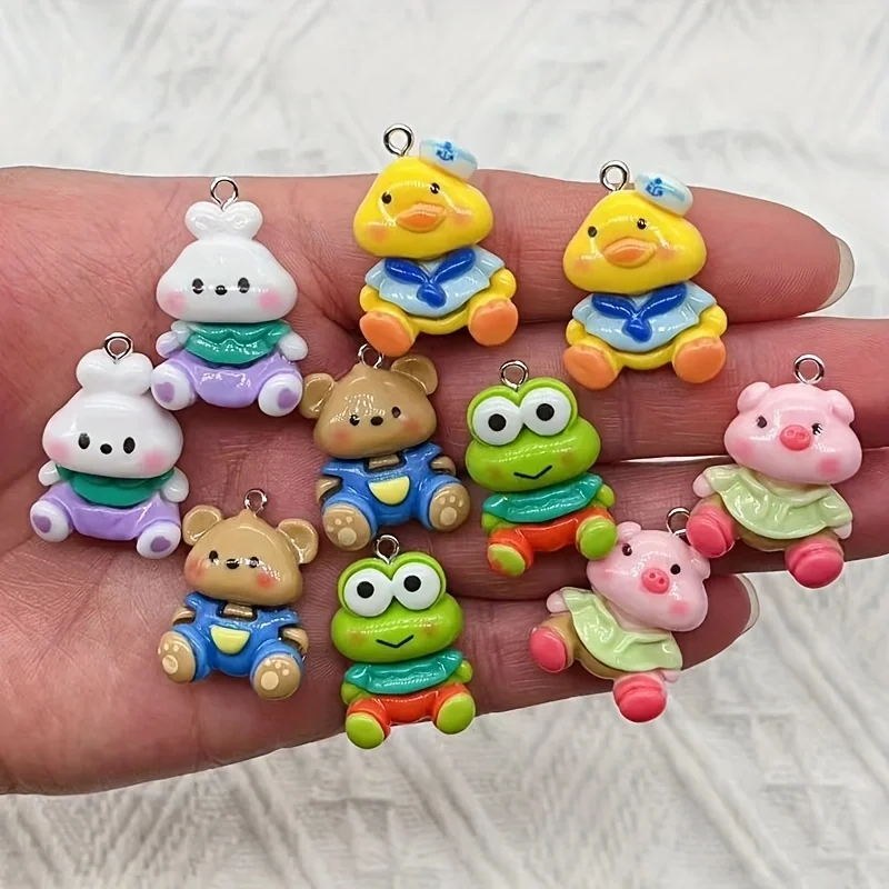 10pcs Kawaii Frog Rabbit Duck Animal Charm Resin Cute Pig Earrings Keychain Pendant, Used for DIY Jewelry Making