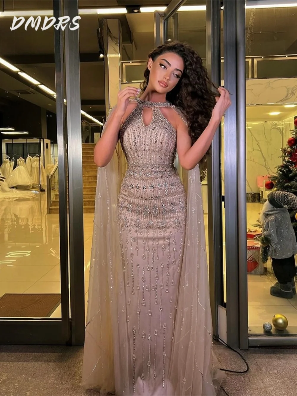 

Luxurious A-Line Full Beaded Crystals Evening Dress Party Gown For Women Wedding Customized Mermaid Cape Sleeves Long Prom Dress