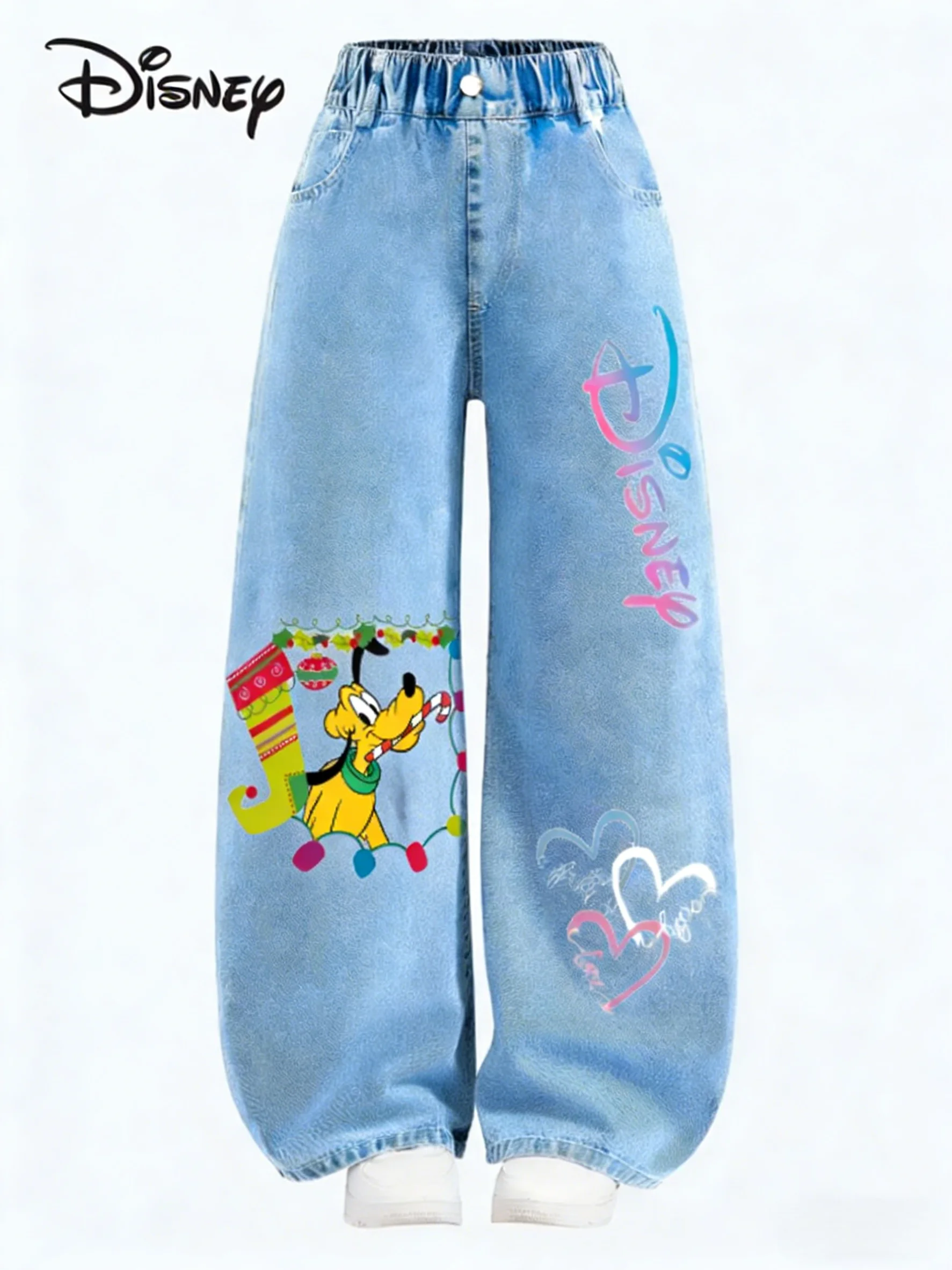 

Джинсы-кэжуал для девочек Disney, новая модель 2026 года с 3D-дизайном Плутона, мягкие широкие джинсовые брюки
