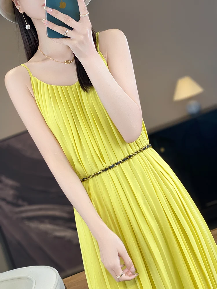 Verano acetato satén suelto n V-Ne plisado largo Dr Sexy Hada T cintura alta A-Line vestido para vacaciones Vaions