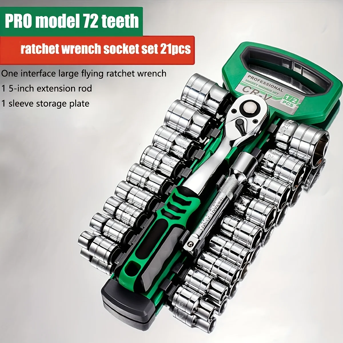 Zestaw nasadek napędowych 1/4"-3/8"-1/2", nasadki metryczne i cesarskie CR-V z kluczem grzechotkowym z szybkozłączką, model pro 72 zęby, nasadki