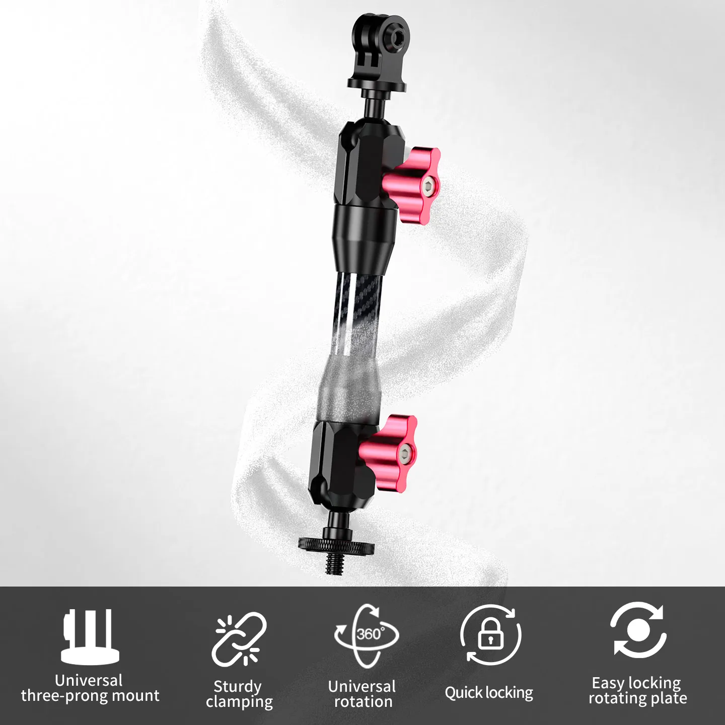 3-in-1 Action-Kamera-Halterung mit 1/4-Zoll-Schraube, Dual 360° ° Drehbarer Kohlefaser-Arm mit Kugelkopfklemme für GoPro DJI Osmo – Detail 2