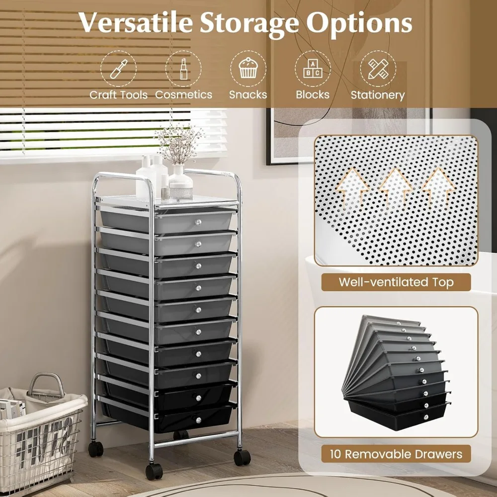 عربة تخزين دوارة ذات 10 أدراج مع أدراج قابلة للإزالة وإطار فولاذي، عربة متنقلة متعددة الاستخدامات مع عجلات عالمية لـ Versati #4