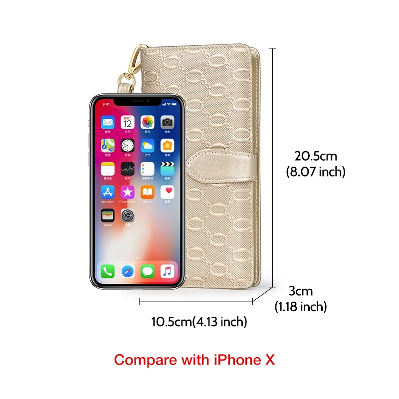 FOXER Split Leather Women\'s Long Wallet Embossed Pattern Phone Purse Lady Multi-Card Holder Clutch Purse with Wrist Strap