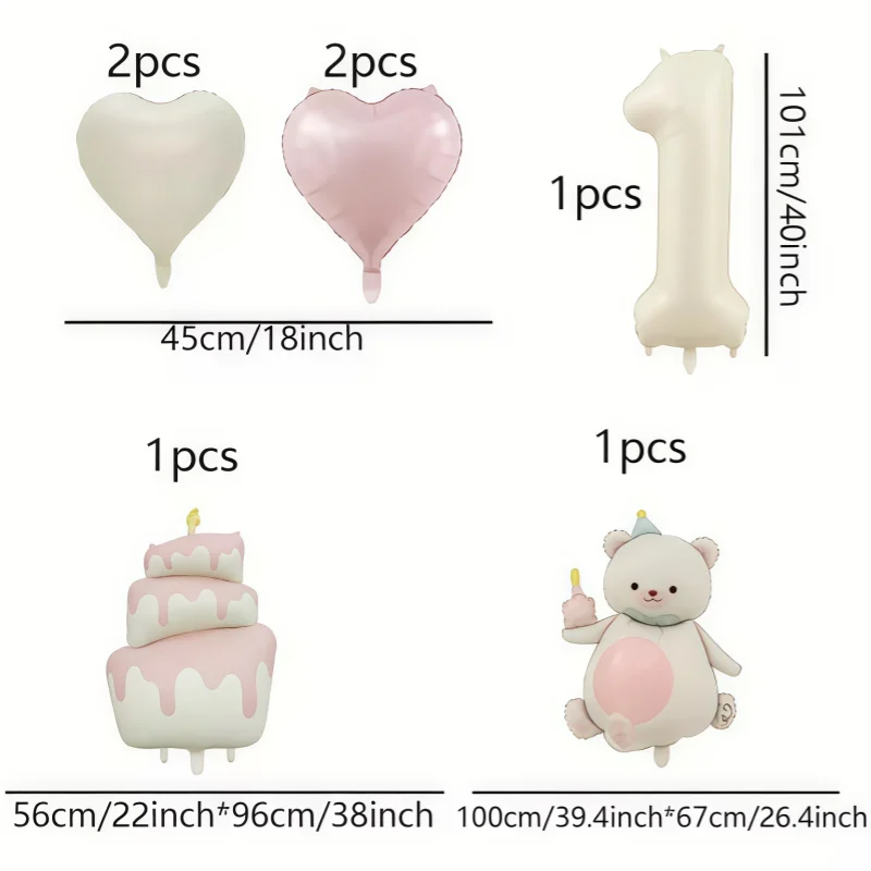 7Pcs Pink & White Heart Bear Balloon Set with 40-Inch Number Balloons for Birthday Cake Decoration Wedding Photo Props 1-9 Numbe