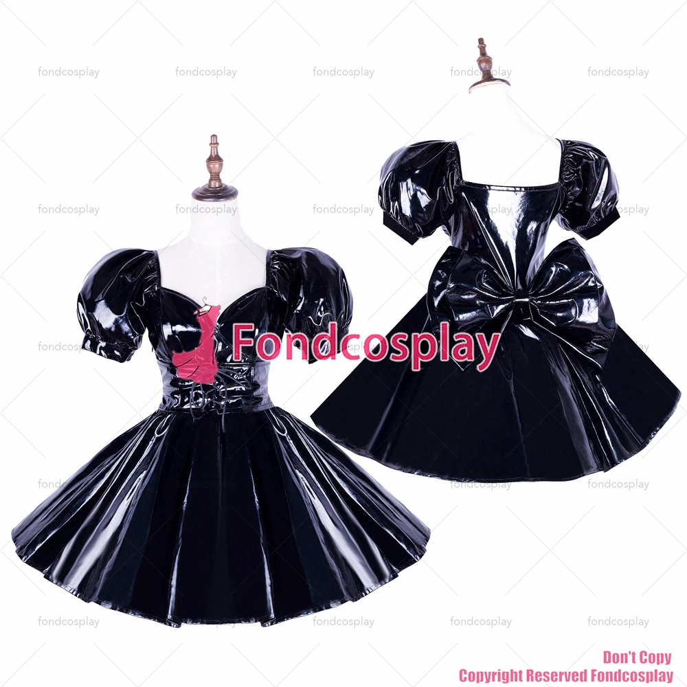 

fondcosplay adult sexy cross dressing sissy maid Gothic lolita punk black heavy PVC dress big Bow Costume CD/TV [G1657]