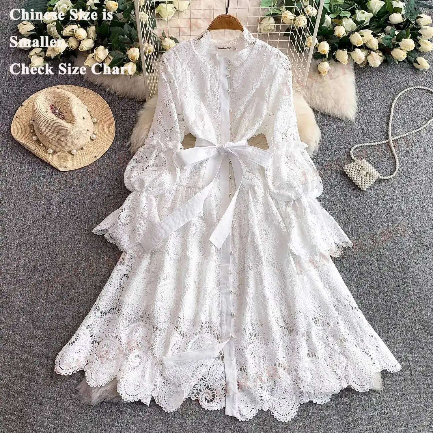 

Элегантное брендовое летнее платье с длинным рукавом, кружевное, с вышивкой, ажурное, миди, с жемчужными пуговицами, для торжественных мероприятий