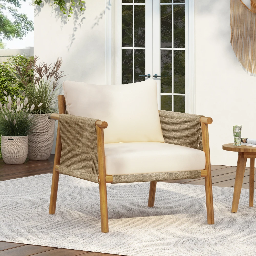 

28-дюймовое плетеное кресло для отдыха на открытом воздухе: каркас из массива дерева, полиэстеровые подушки, для патио/сада/балкона