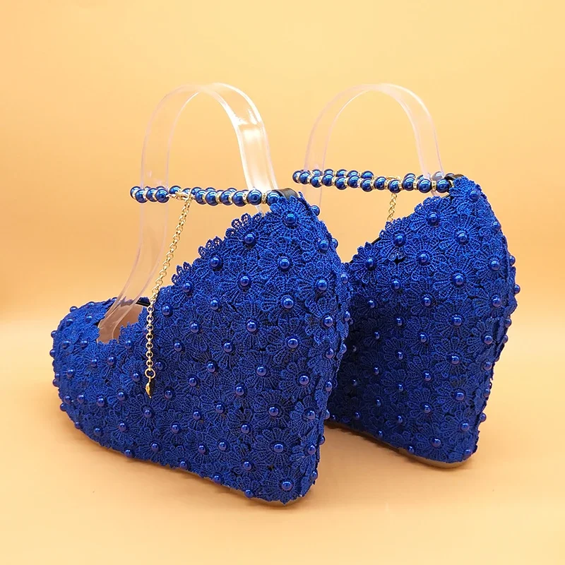 Autumn New Style Wedges Royal Blue Lace-up Flower Wedding shoes and bags woman shoes Bridesmaid fashion ankle strap Womens Pumps